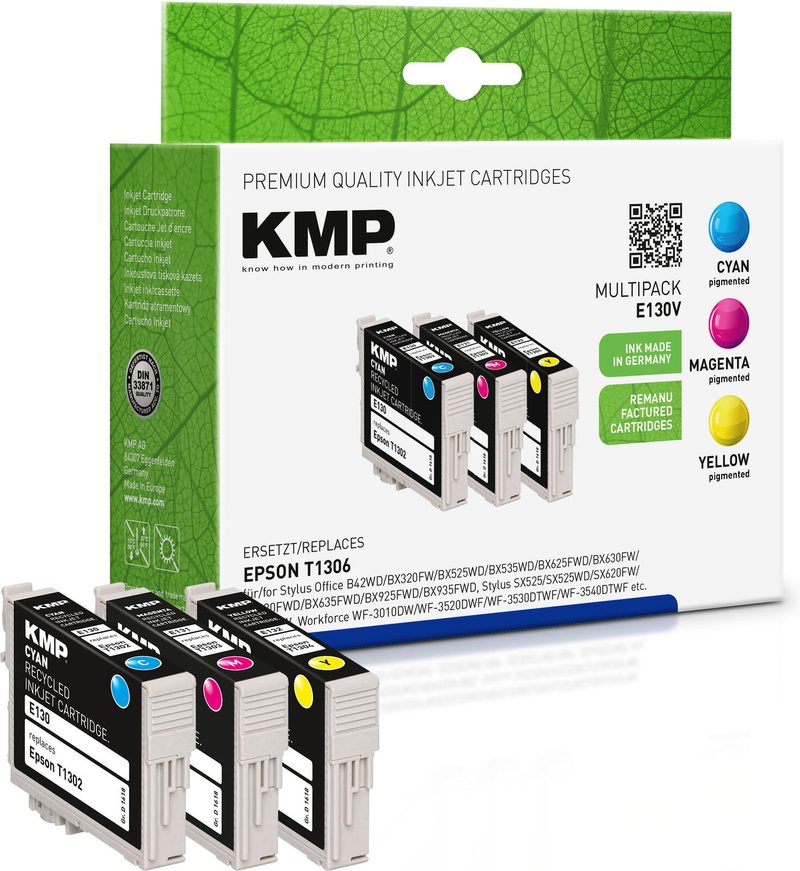 Cartouches d'encre KMP E130V cyan, magenta, jaune compatibles avec Epson T1306XL, pack de 3