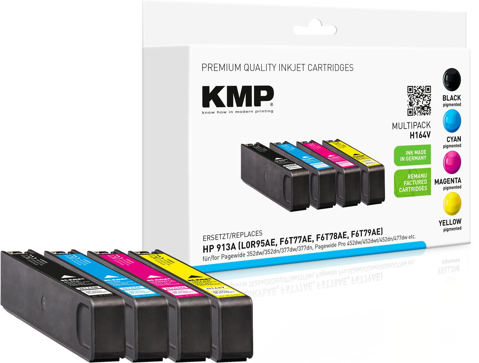 Cartouches d'encre KMP H164V noir, cyan, magenta, jaune compatibles avec HP 913A (L0R95AE, F6T77AE, F6T78AE, F6T79AE), lot de 4 1 boîte = 4 pièces