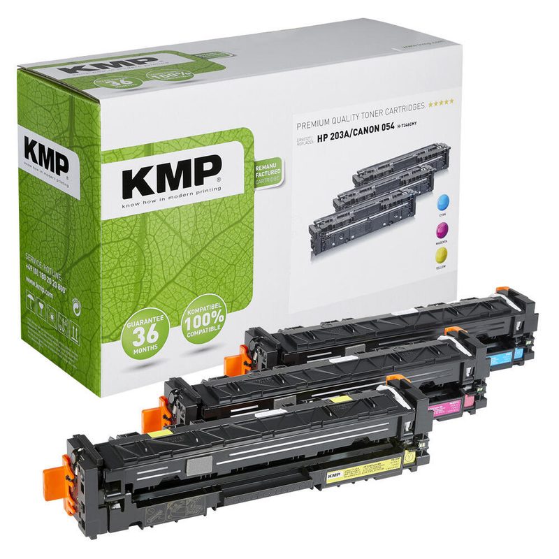 Cartouche de toner KMP H-T246CMY cyan, magenta, jaune compatible HP 203A, Canon 054 (CF541A, CF542A, CF543A, 3023C002, 3022C002, 3021C002) - 3 unités (1 pack = 3 pièces) — lot de 3 pièces