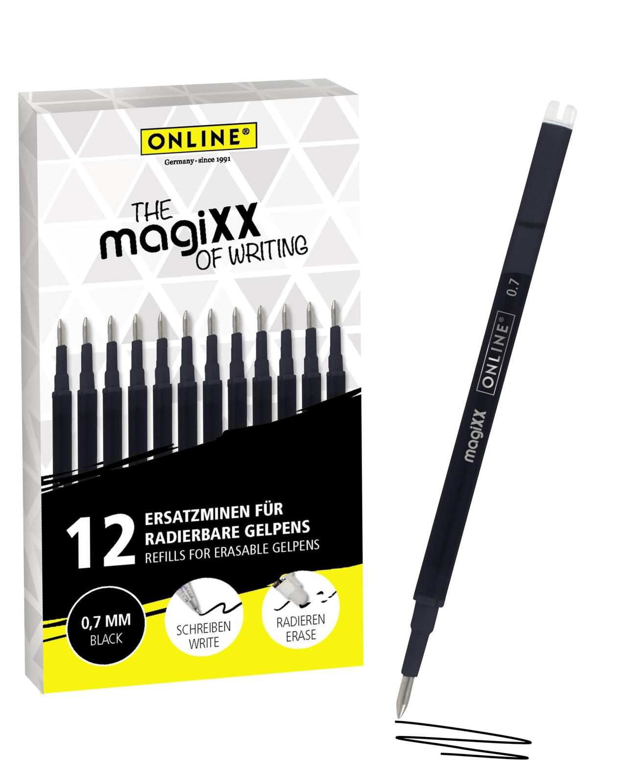 ONLINE® magiXX Mines pour stylo gel 0,7 mm Couleur d'écriture : noir 1 boîte = 12 pièces — lot de 12 pièces