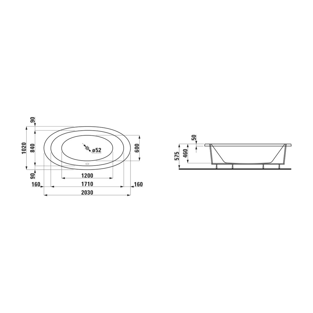 Baignoire encastrable Laufen Il Bagno Alessi 1020x2030x575 mm, ovale, avec évacuation centrale et jupe frontale, acrylique sanitaire, blanc