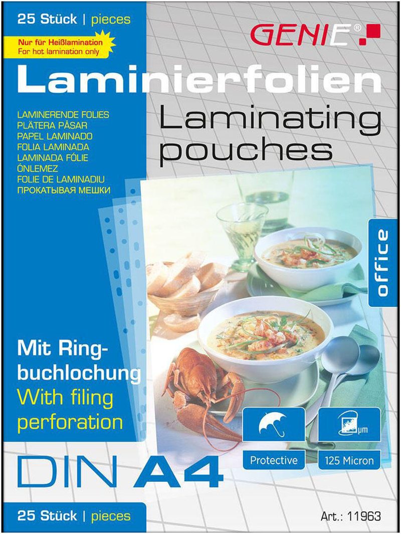 Feuilles de laminage brillantes GENIE 125 microns A4 - Lot de 25
