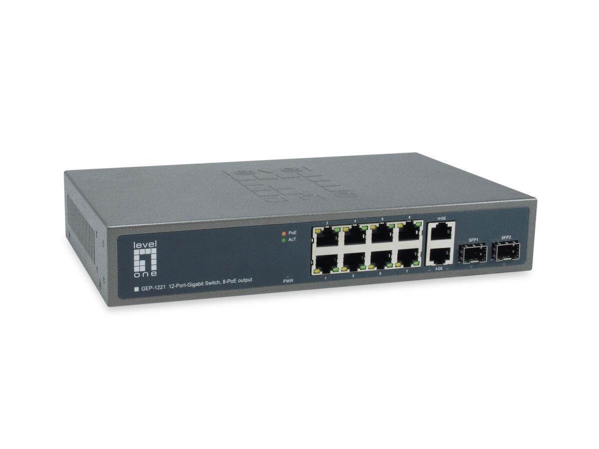 LevelOne Switch GEP-1221 12 ports Gigabit Ethernet avec 8 ports PoE 150W, 2 ports Gigabit, 2 ports SFP