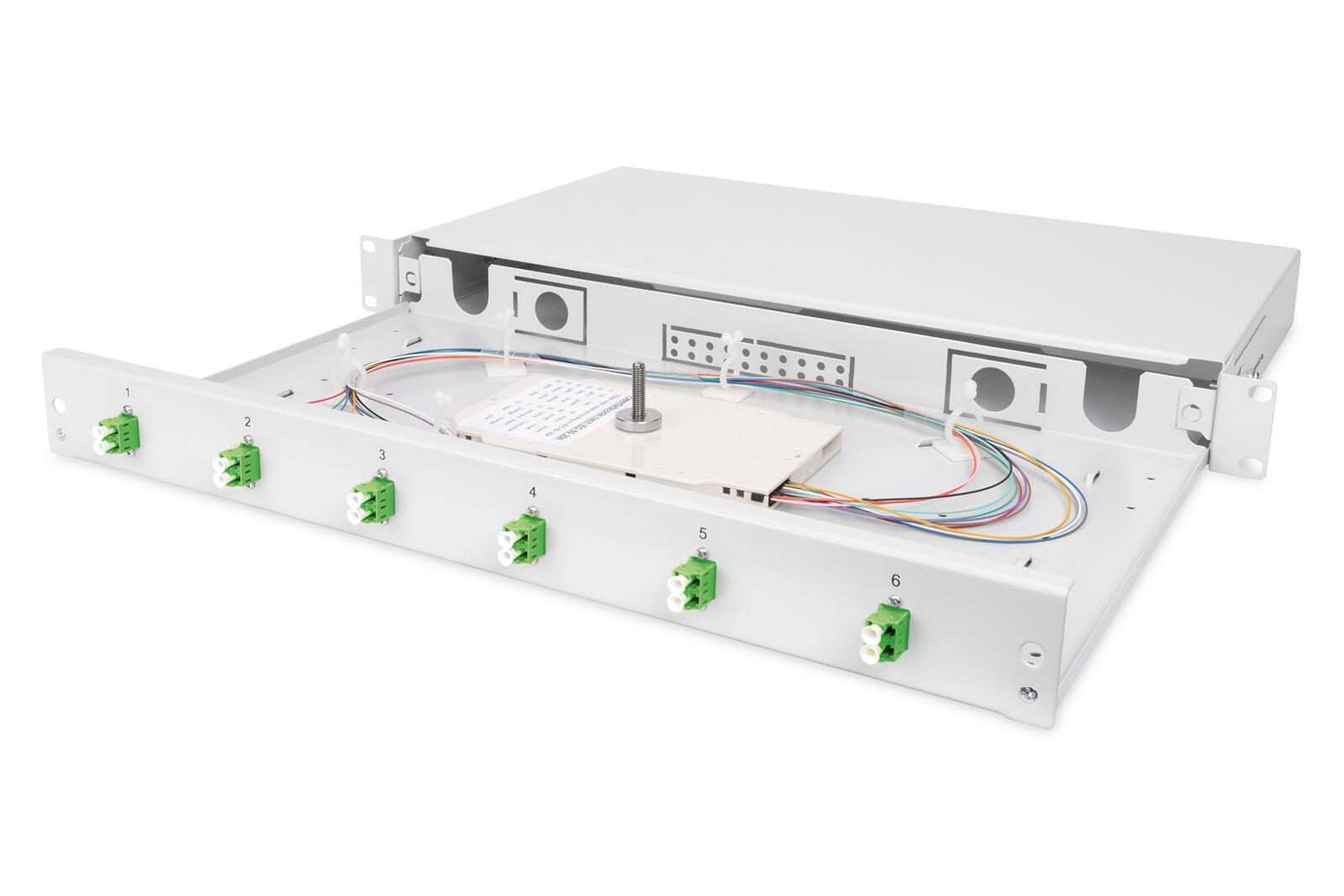 Boîte de fusion pour fibres optiques Digitus, 1U, pré-équipée, 6x LC-APC DX, OS2