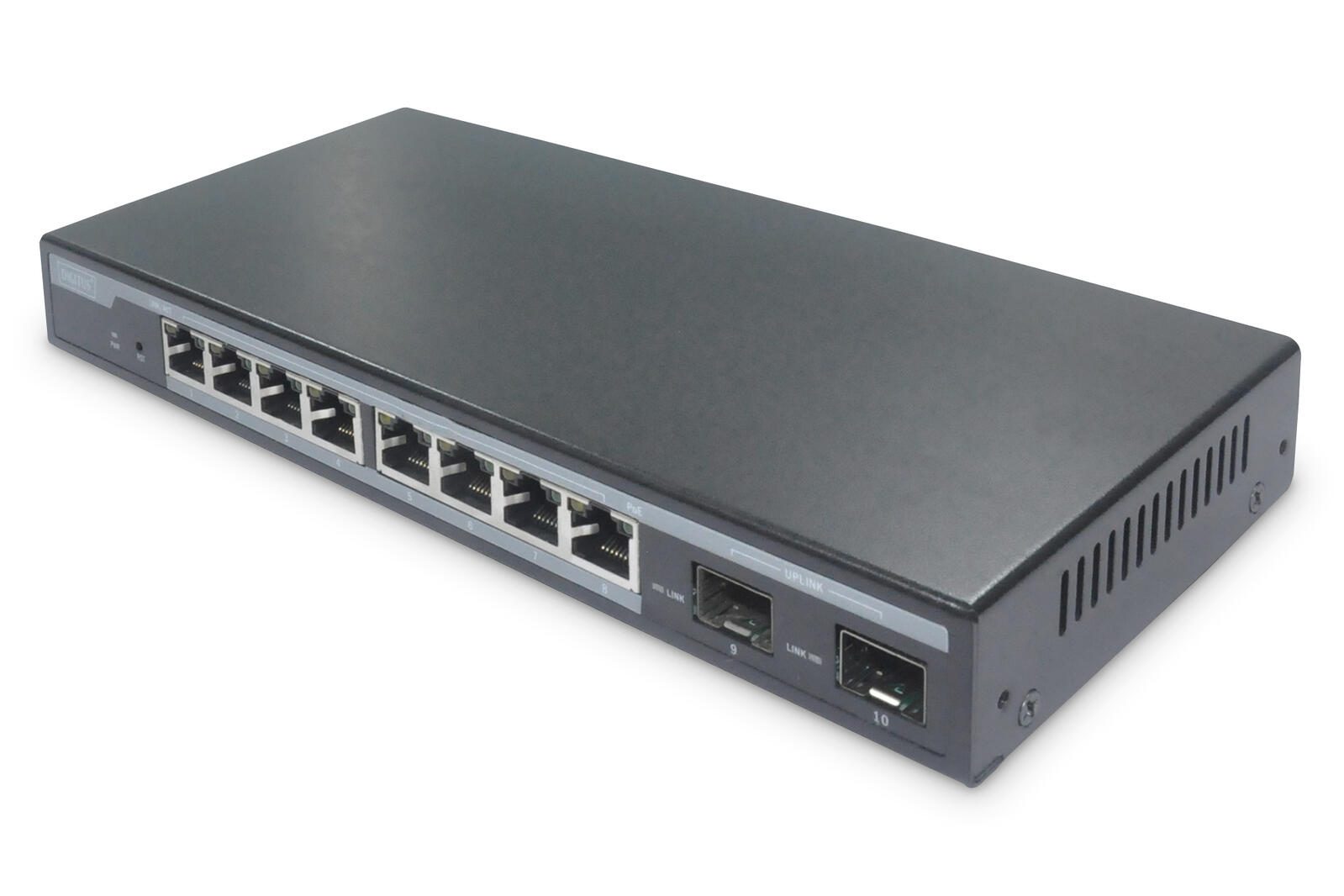 Switch réseau Gigabit PoE Digitus 8 ports, Desktop, L2 managed, 2 ports Uplink, SFP, 86 W, af/at