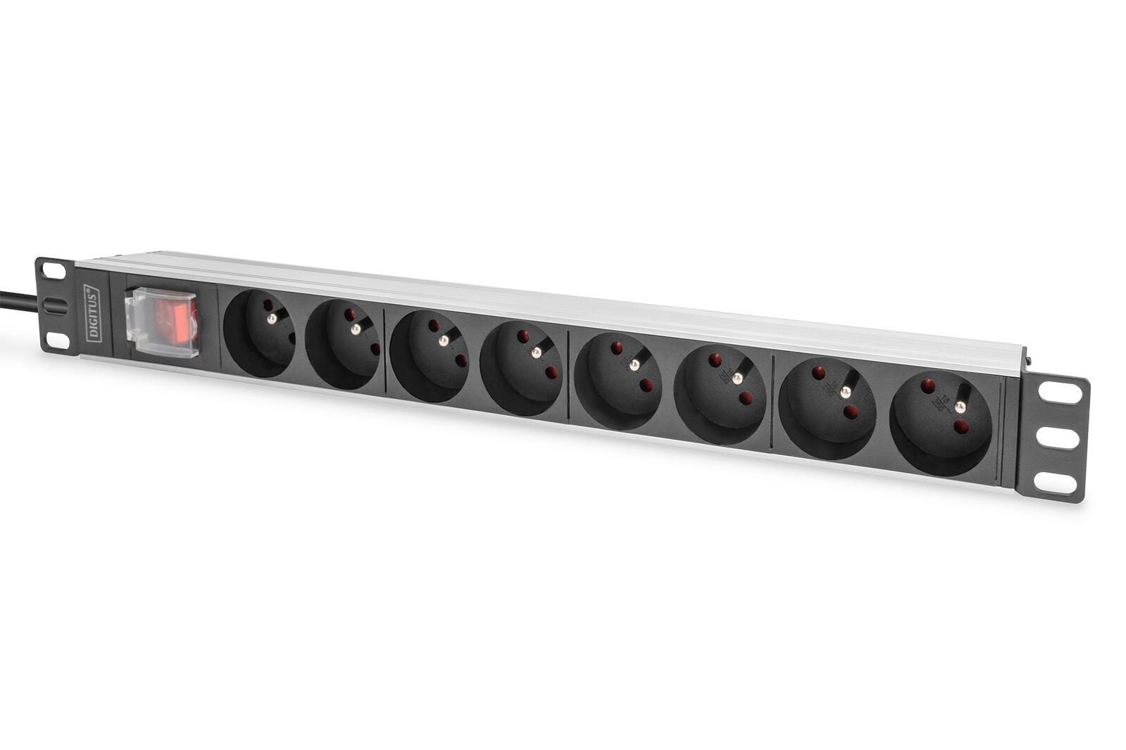 Multiprise Digitus avec profilé aluminium et interrupteur, 8 prises CEE 7/5, câble d'alimentation de 2 m avec prise de sécurité