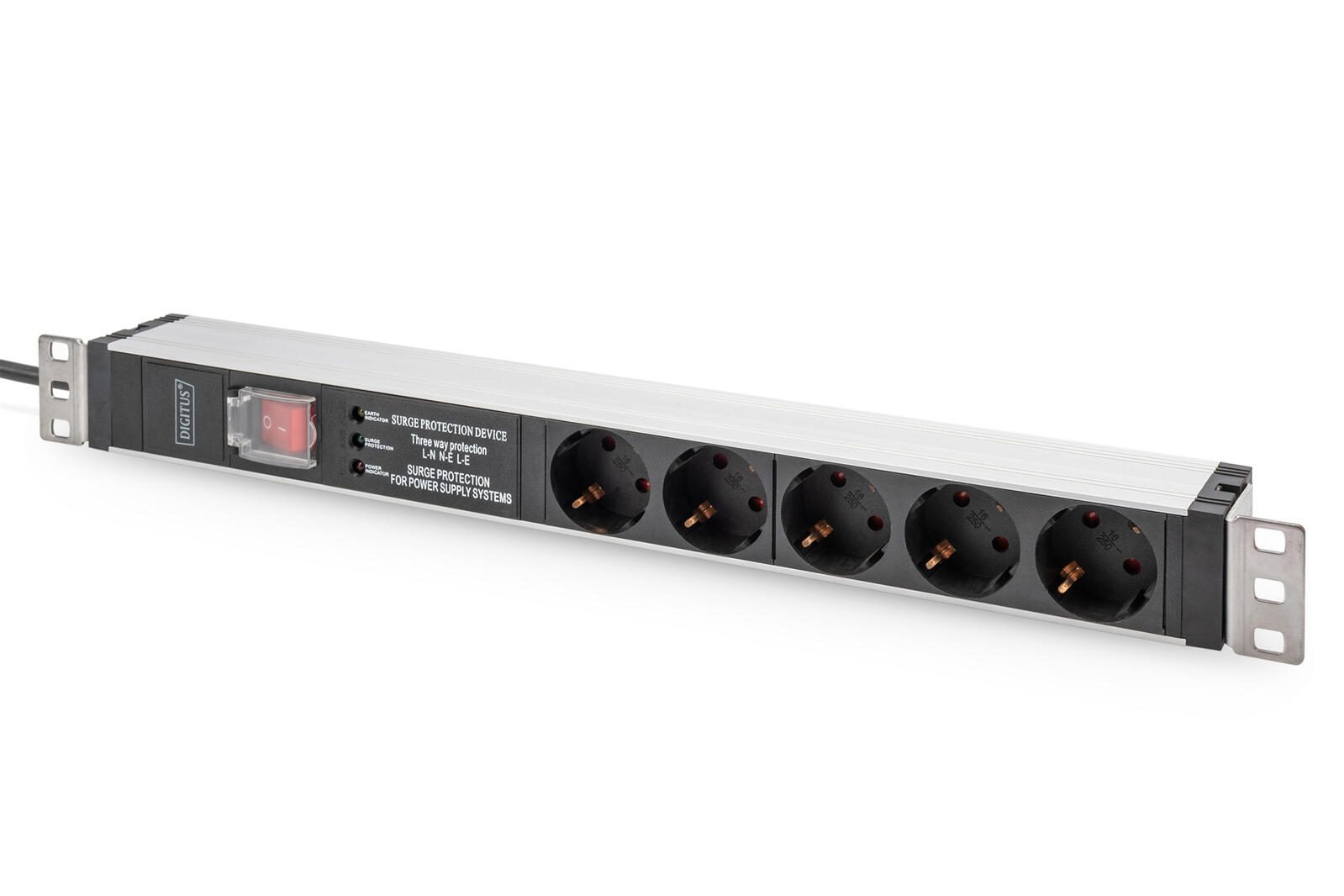 Digitus - Multiprise avec profilé aluminium et interrupteur, protection contre les surtensions, filtre secteur intégré, 5 prises Schuko, câble de 2 m