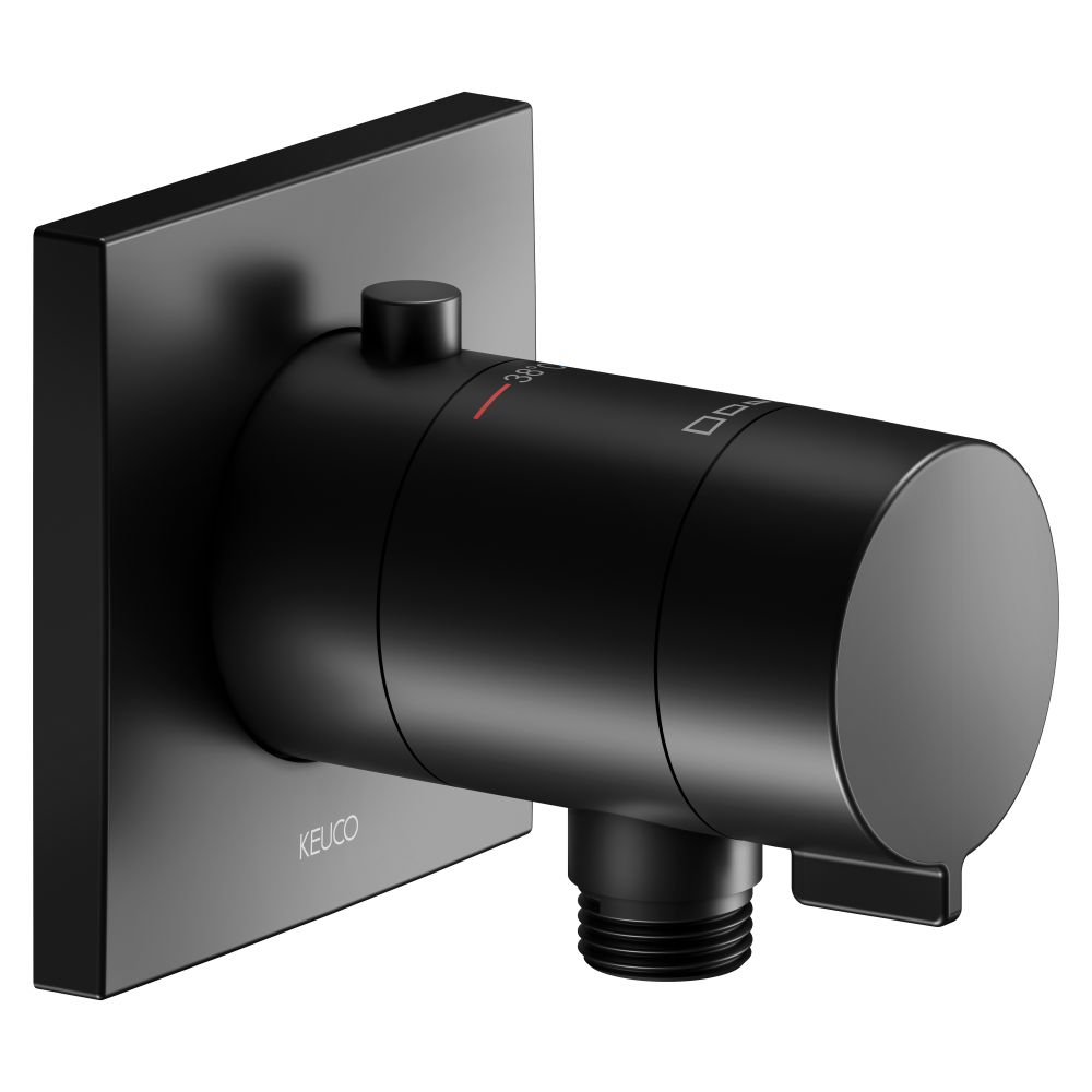 Mitigeur thermostatique encastré Keuco Ixmo avec raccord flexible, rosace carrée, blocage à 38 °C, 12 l/min, anti-retour, noir mat