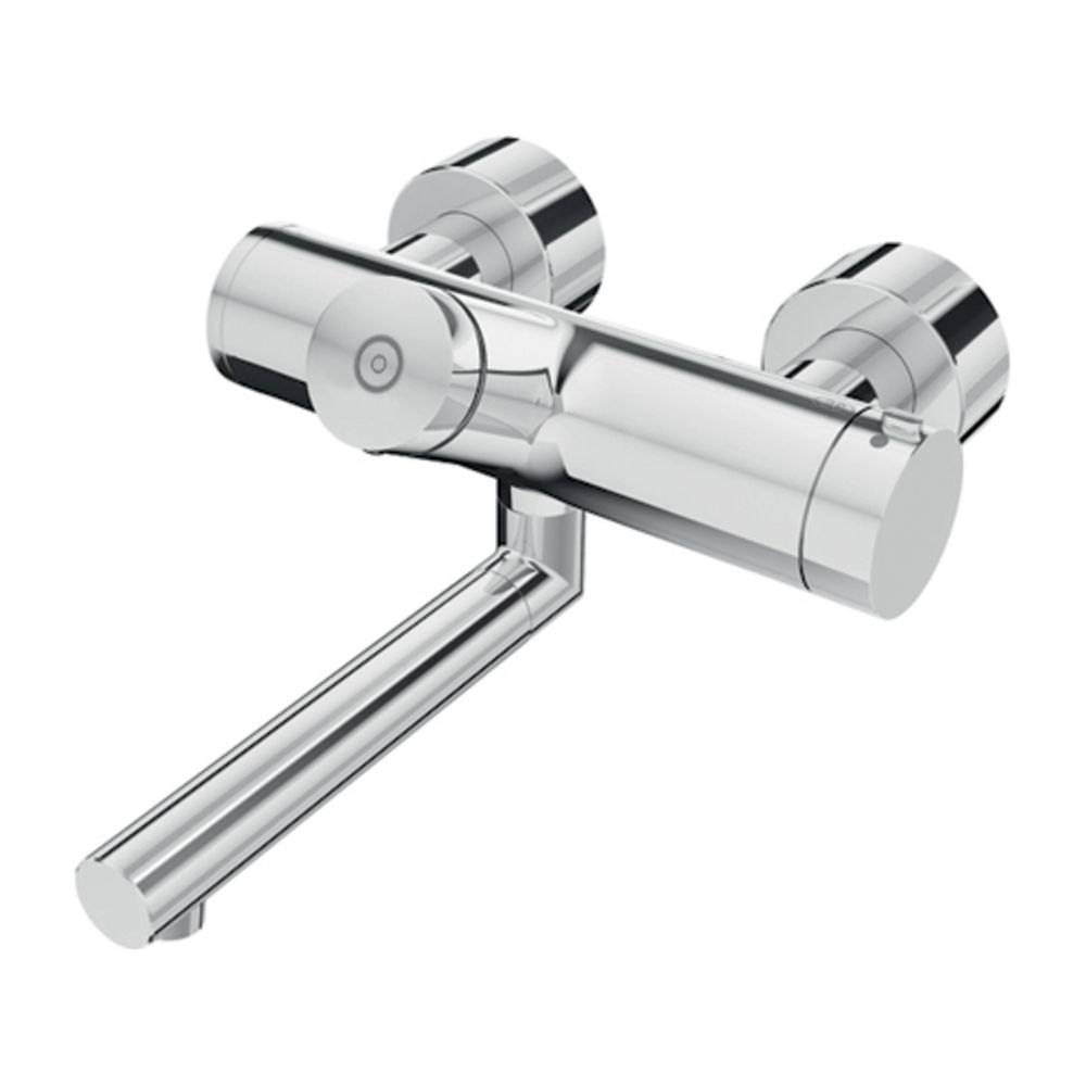 Robinetterie de lavabo Schell Vitus VW-SC-T en saillie, eau mitigée, fermeture automatique, thermostatique, bec de 210 mm, 2 x DN 15 G 1/2", finition chromée