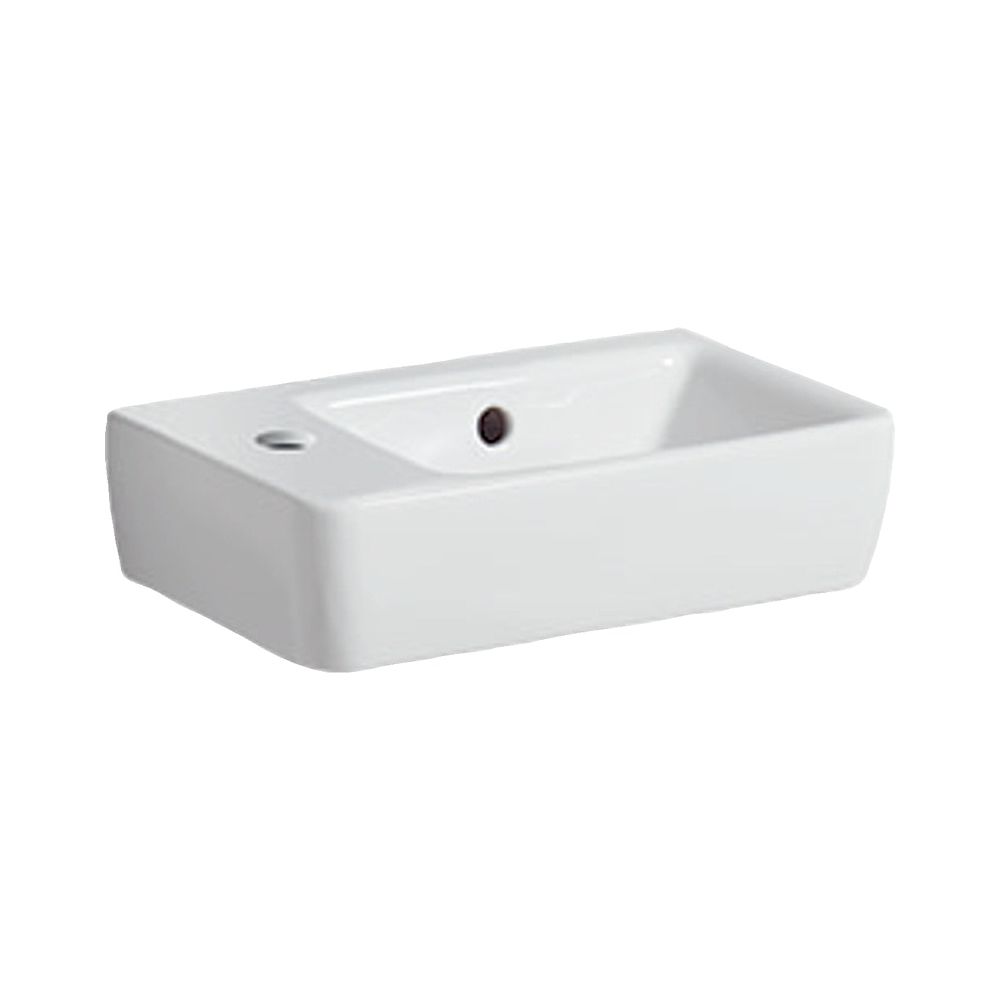 Geberit Renova Compact Lavabo à main avec surface de pose, sans débordement, 40x15x25 cm, trou de robinetterie à gauche, trop-plein visible, Blanc/KeraTect
