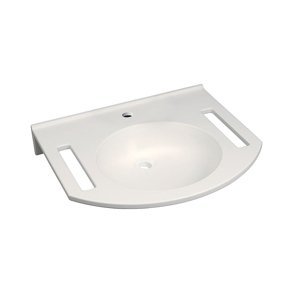 Lavabo Geberit Publica design rond, découpes intégrées, accessible PMR, B 60 cm P 55 cm, trou de robinet central, sans trop-plein, Alpinweiß