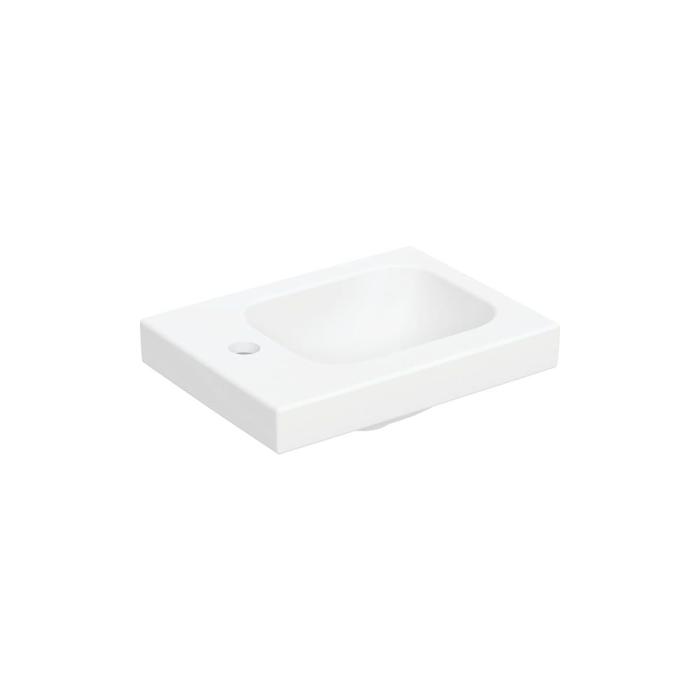 Petit lavabo Geberit iCon Light 38x13x28cm, blanc mat, trou de robinetterie à gauche, sans trop-plein, surface de rangement à gauche