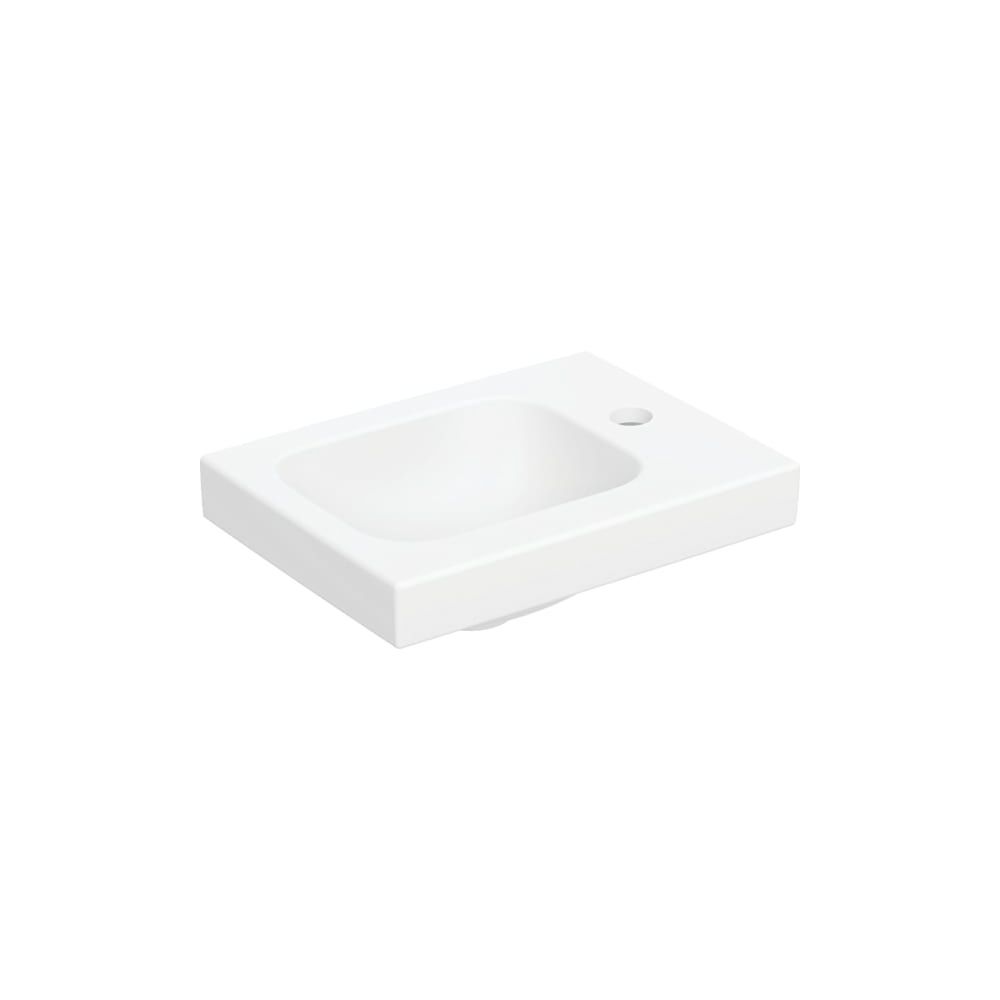 Petit lavabo Geberit iCon Light 38x13x28cm, blanc mat, trou de robinetterie à droite, sans trop-plein, surface de rangement à droite
