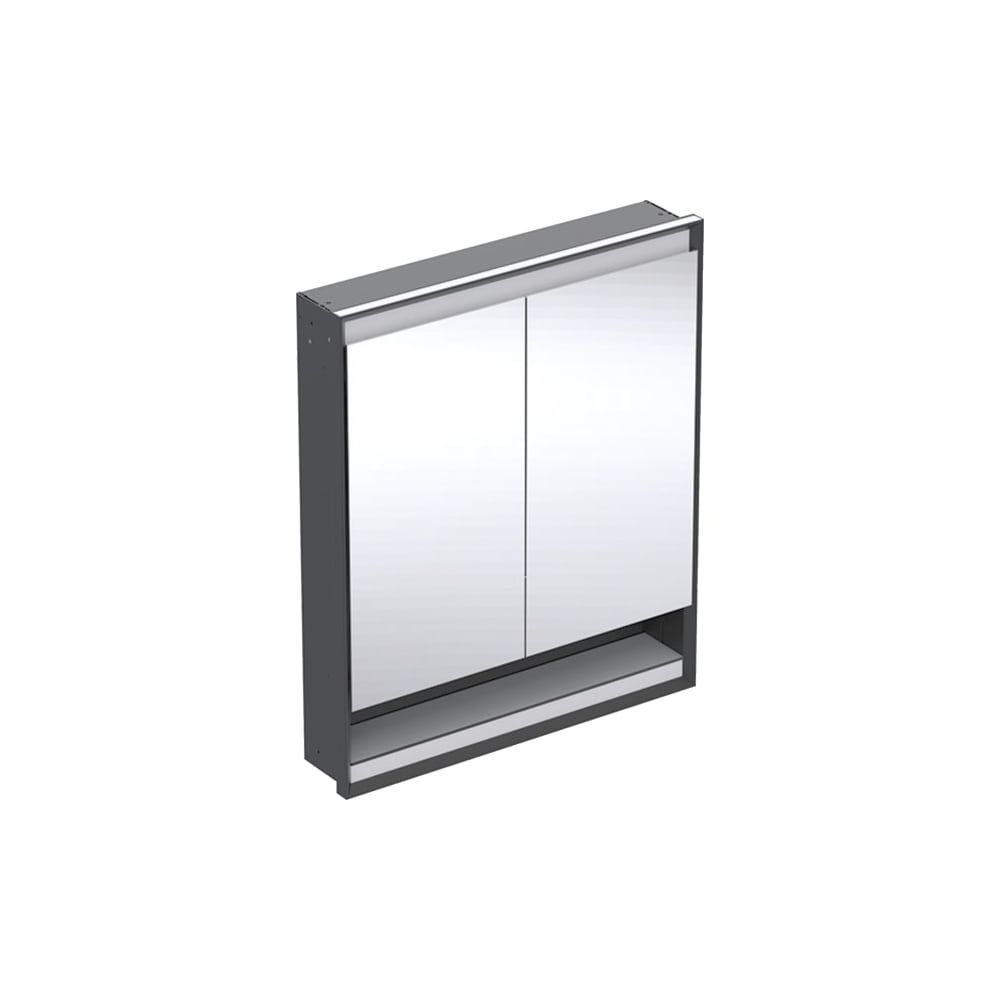 Armoire de toilette Geberit ONE avec niche et ComfortLight, 2 portes, montage encastré, H 90 cm L 75 cm, noir mat/aluminium revêtement poudre