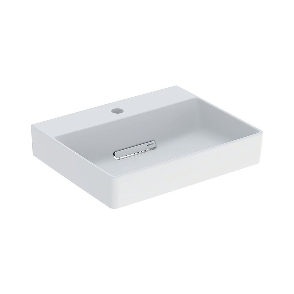 Geberit ONE vasque à poser rectangulaire, évacuation horizontale, 50 cm L x 41 cm P, trou de robinetterie central, sans trop-plein, blanc mat/blanc brillant