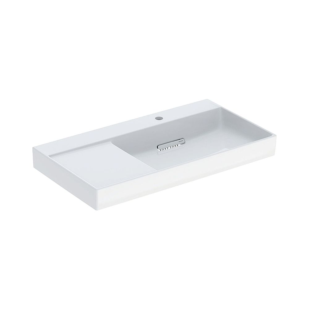 Lavabo Geberit ONE avec sortie horizontale, surface de rangement à gauche 90x48cm, trou de robinetterie à droite sans trop-plein Blanc/KeraTect blanc brillant