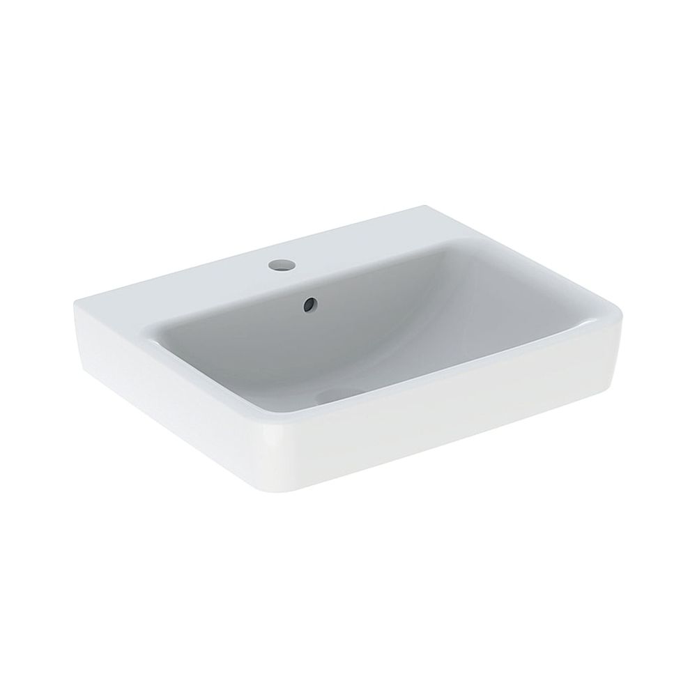 Lavabo sur plan Geberit Renova Plan, largeur 55 cm, profondeur 44 cm, trou de robinetterie central, trop-plein visible, blanc/KeraTect