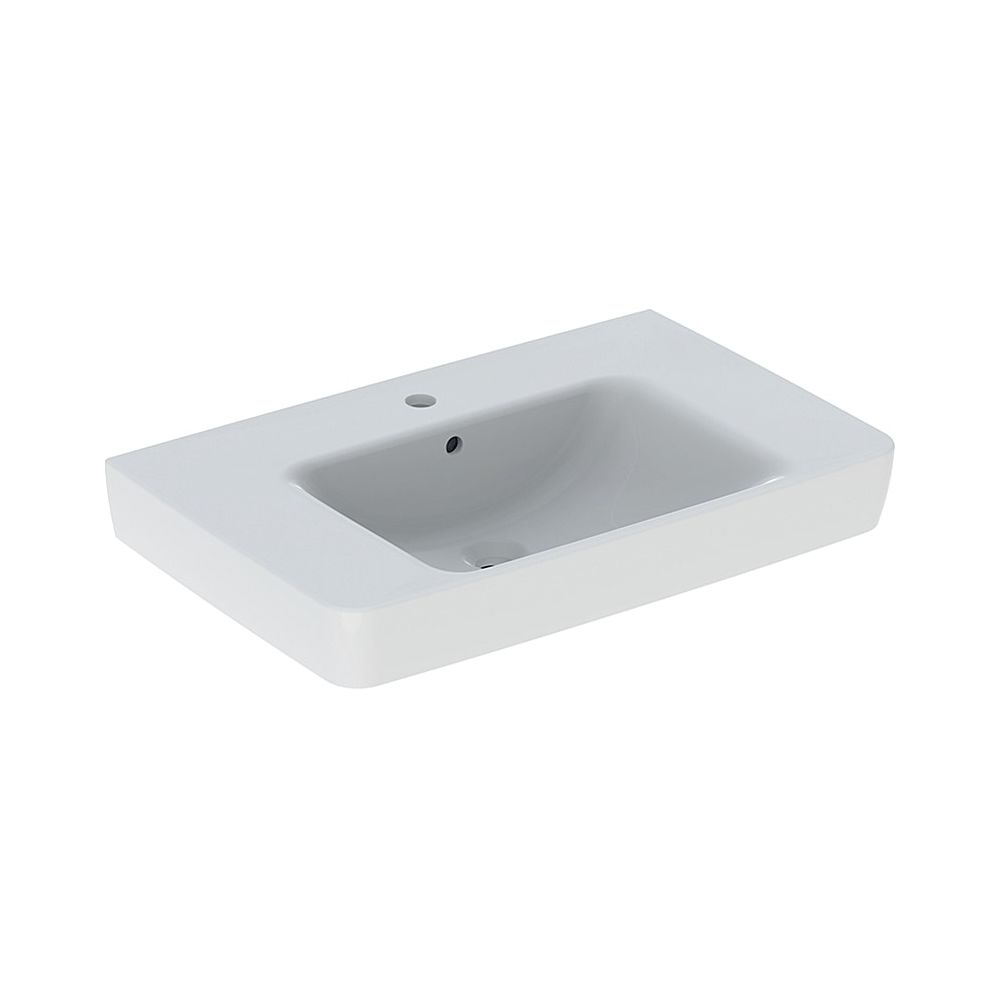 Lavabo d'appui Geberit Renova Plan, surface de pose des deux côtés, 75 cm L x 48 cm P, trou de robinet central, trop-plein visible, blanc/KeraTect