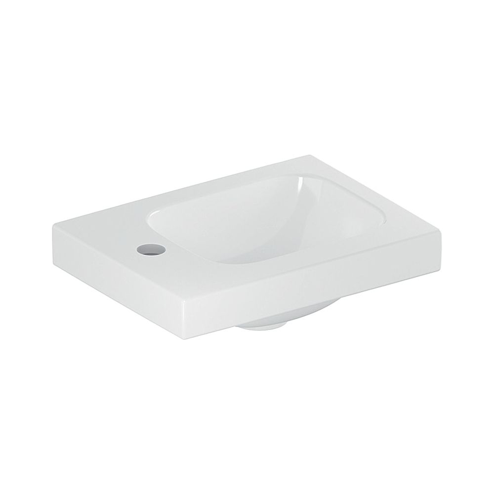 Lavabo Geberit iCon Light 38x13x28 cm, Blanc, KeraTect, perçage à gauche, sans trop-plein, plan de toilette à gauche
