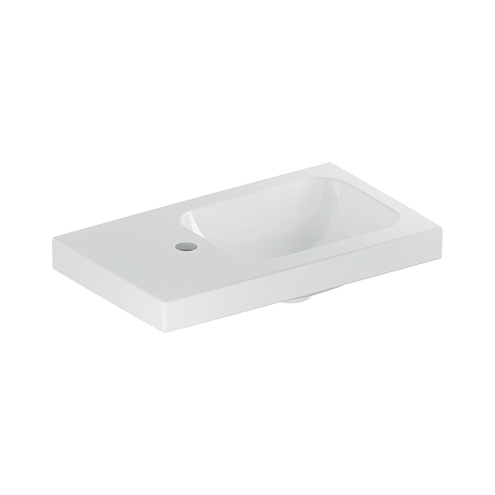 Petit lavabo Geberit iCon Light avec plan de toilette 53x13x31 cm, blanc, trou de robinet à gauche, sans trop-plein, plan de toilette à gauche