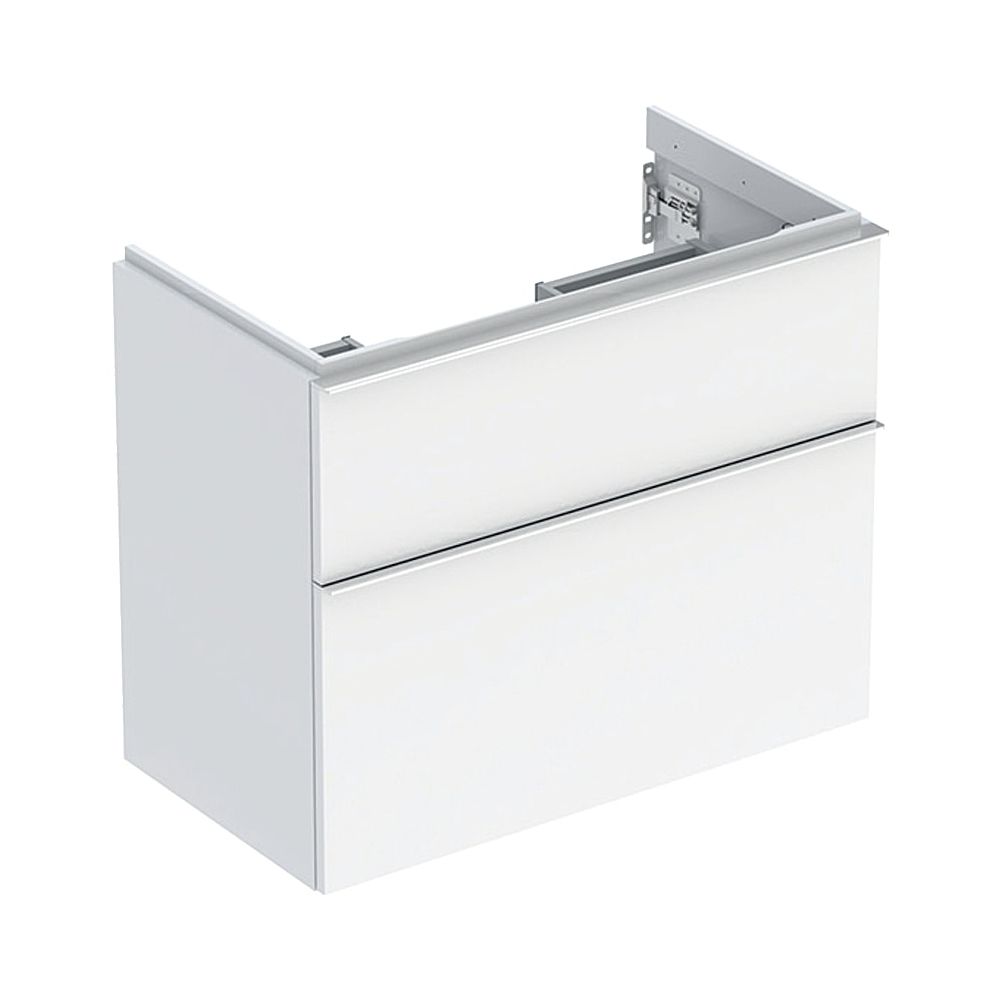 Geberit iCon Meuble sous vasque pour lavabo 2 tiroirs, sortie raccourcie, lavabo 75 cm, blanc laqué brillant/poignée chromée