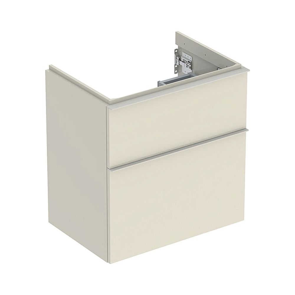 Geberit iCon Meuble sous vasque pour lavabo 2 tiroirs, sortie raccourcie, lavabo 60 cm, gris-sable laqué brillant/poignée poudre mate gris-sable