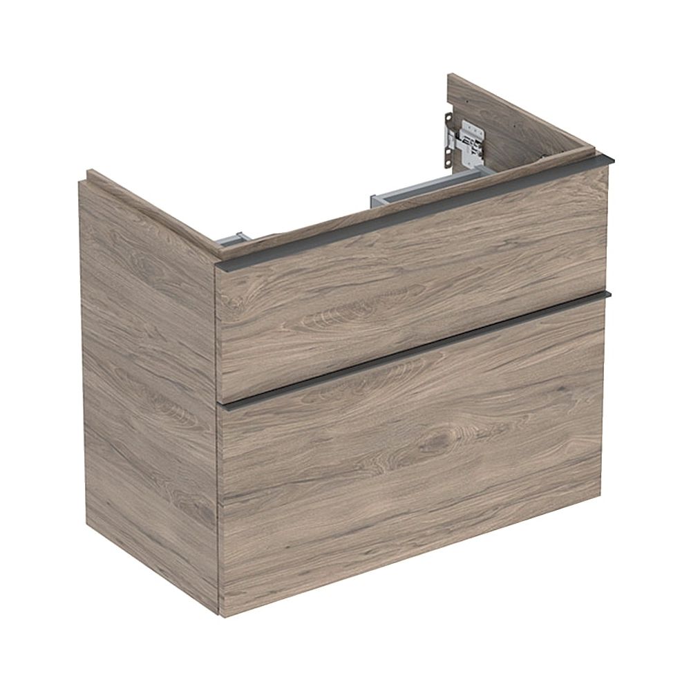 Geberit iCon Meuble sous vasque WT avec 2 tiroirs, saillie réduite, largeur lavabo 75 cm, noyer hickory/structure bois mélamine, finition lave mat
