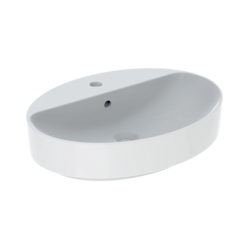 Geberit VariForm Plan vasque à poser, ovale, trou de robinetterie intégré, L 60 cm P 45 cm trou de robinetterie centré, trop-plein visible, Blanc/KeraTect