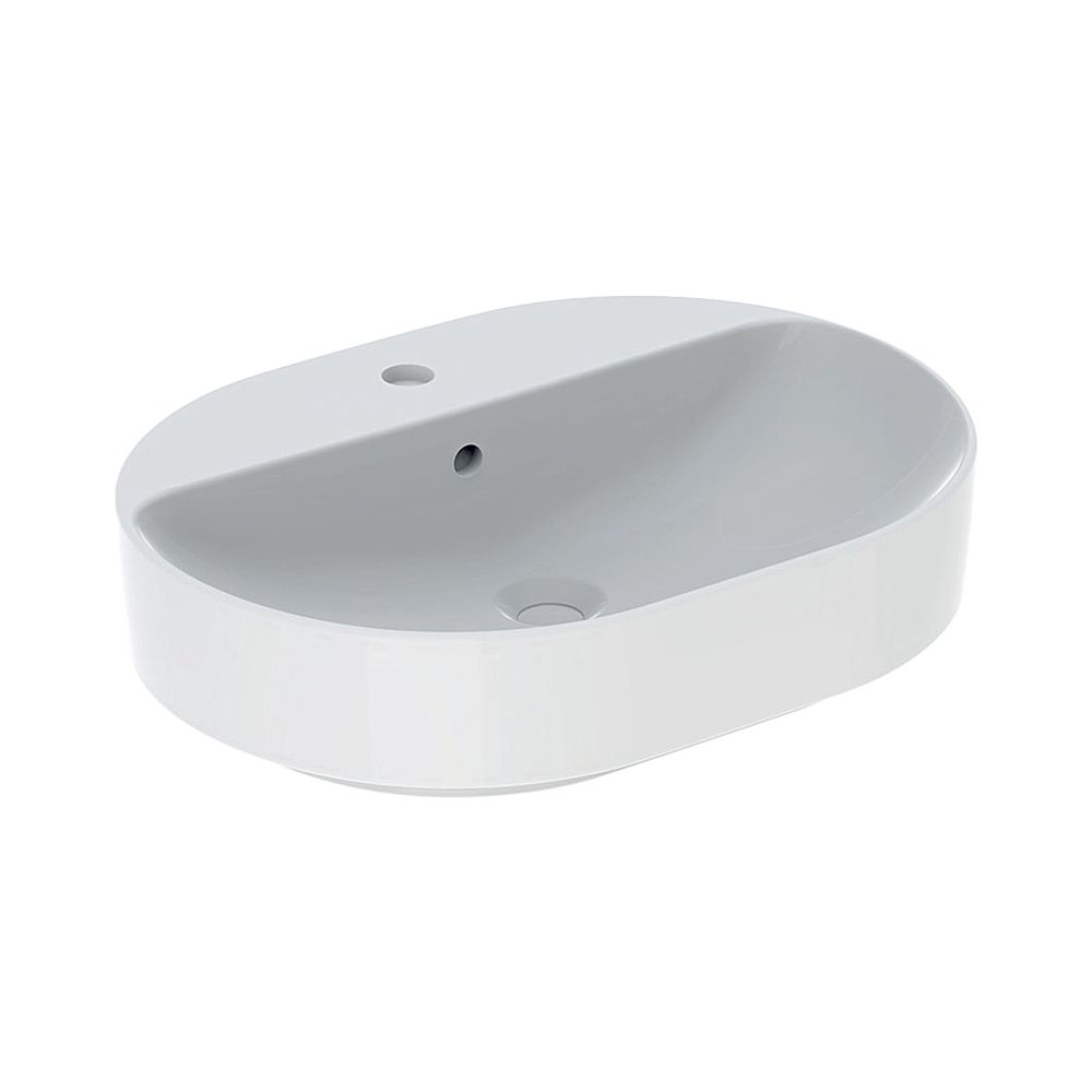 Geberit VariForm vasque à poser elliptique, largeur 60 cm, profondeur 45 cm, plage de robinetterie, trou de robinetterie central, trop-plein visible, blanc/KeraTect
