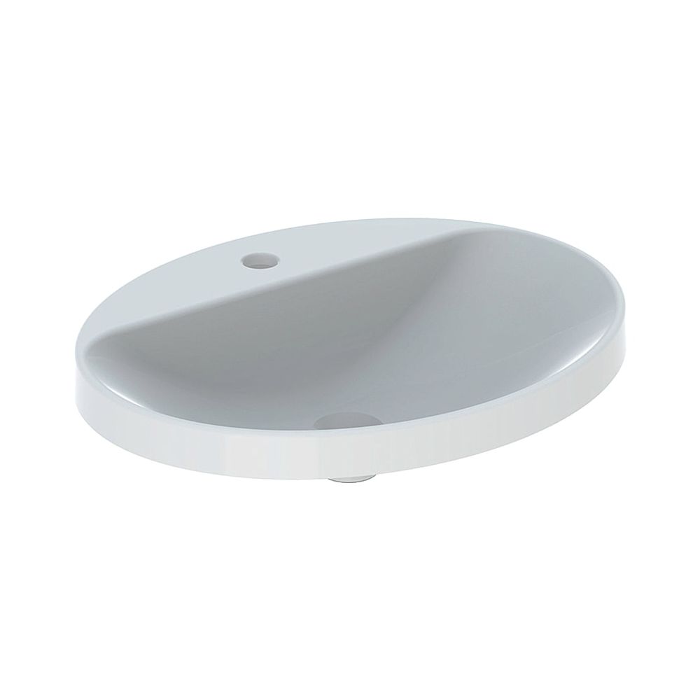 Lavabo à poser Geberit VariForm, ovale, avec bandeau de robinetterie, Largeur 60 cm, Profondeur 48 cm, trou de robinetterie central, sans trop-plein, émaillé