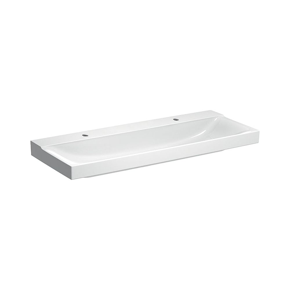 Lavabo Geberit Xeno², largeur 120 cm, profondeur 48 cm, trous de robinet à gauche et à droite, sans trop-plein, Blanc/KeraTect