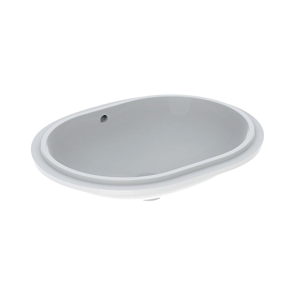 Lavabo sous meuble Geberit VariForm elliptique, profondeur 49 cm, sans trou de robinet, trop-plein visible, émaillé
