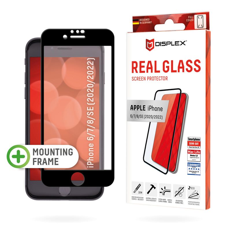 DISPLEX Verre trempé (10H) pour Apple iPhone 6/7/8/SE (2020/2022), cadre de montage écologique, Full Cover