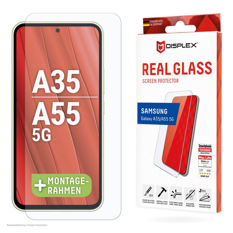 DISPLEX Verre trempé 2D/Transparent (10H) pour Samsung Galaxy A35/A55 avec cadre de montage Eco-Montage 5G