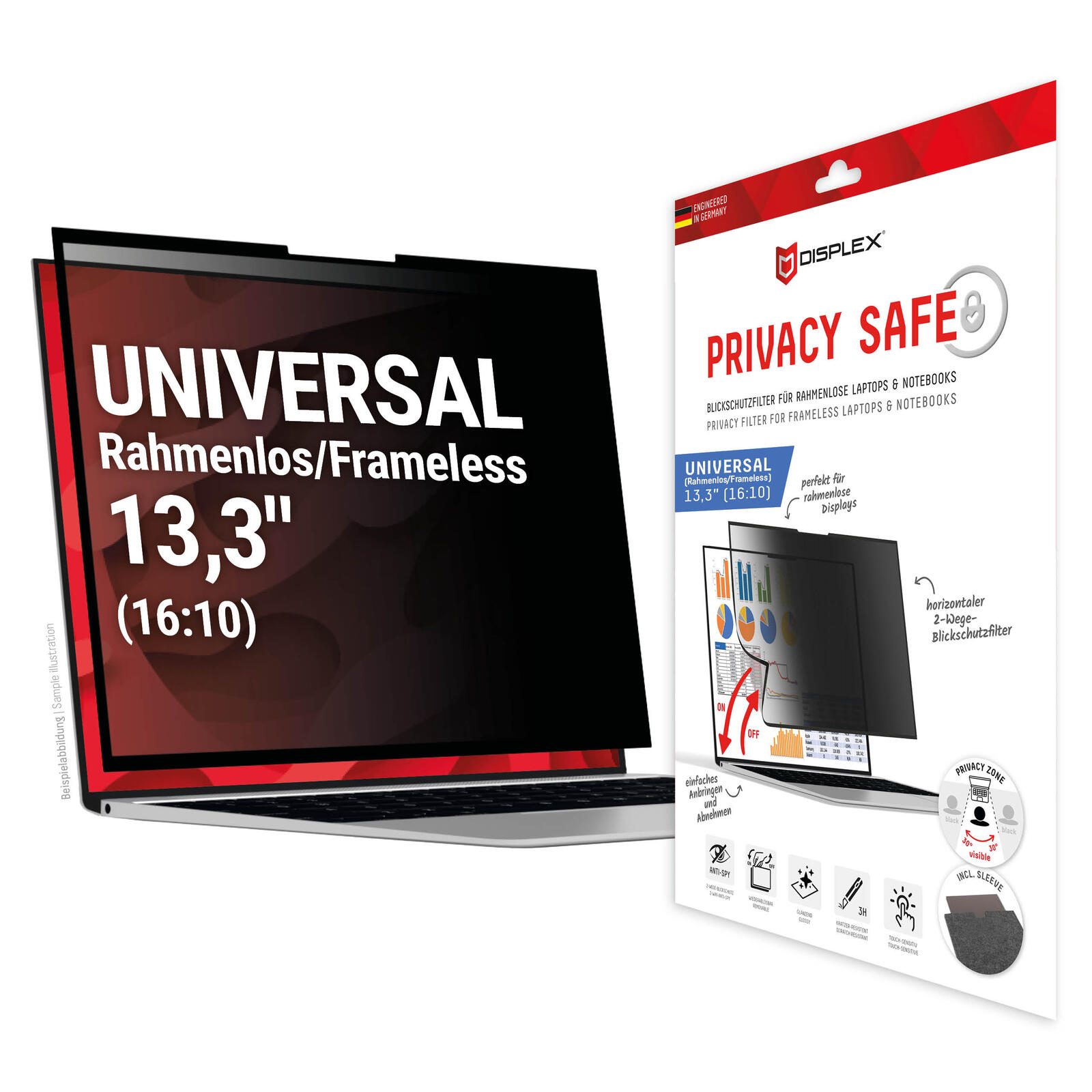 Filtre de confidentialité Displex PRIVACY SABLE 2 voies amovible pour écran d'ordinateur portable (sans bord) 13,3" (16:10) fixation sans colle, film brillant