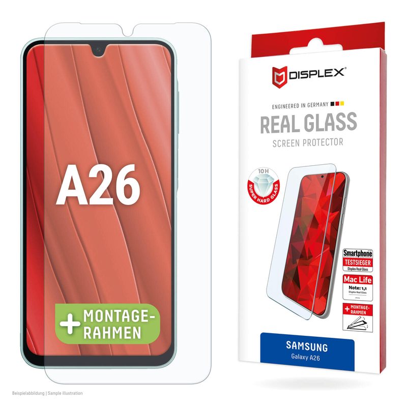 Verre trempé Displex (10H, 2D) pour Samsung Galaxy A26 – Cadre de montage Eco-Montage