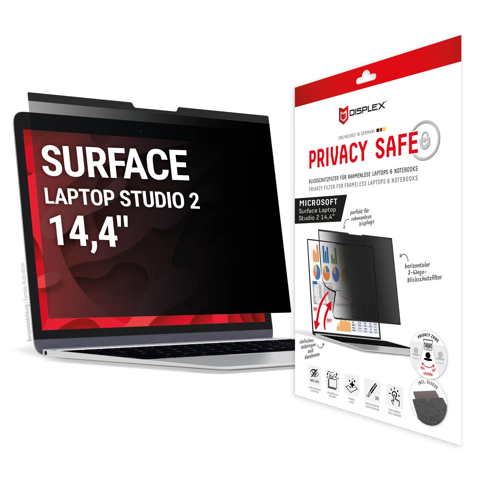 Filtre de confidentialité DISPLEX PRIVACY SAFE pour Microsoft Surface Laptop Studio 2, 14,4 pouces 31,75 x 21,65 cm, fixation magnétique, amovible, anti-reflets et brillant