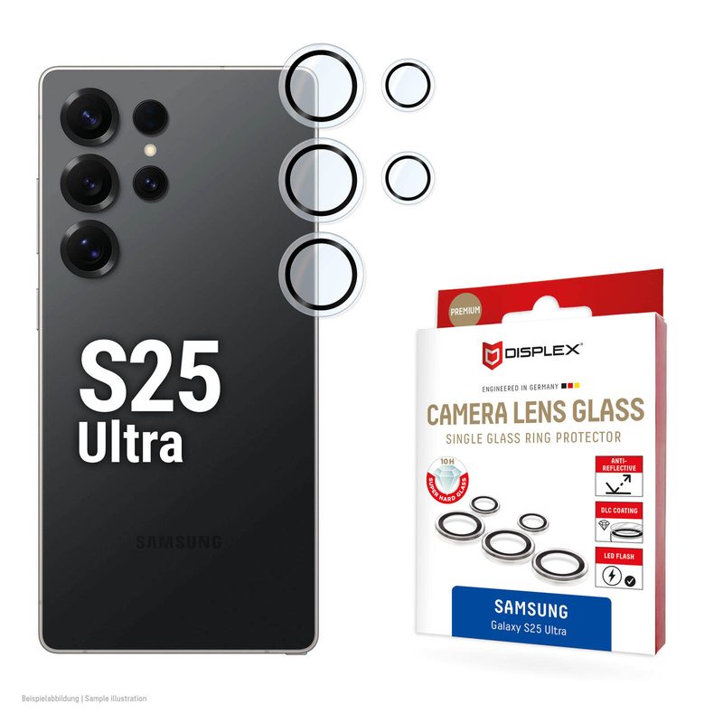 DISPLEX Verre de protection premium pour objectif d'appareil photo – Samsung Galaxy S25 Ultra – Anneaux de protection 10H en verre trempé, transparent, revêtement DLC anti-traces, anti-empreintes, Ultra-Clear, anneau en acrylique