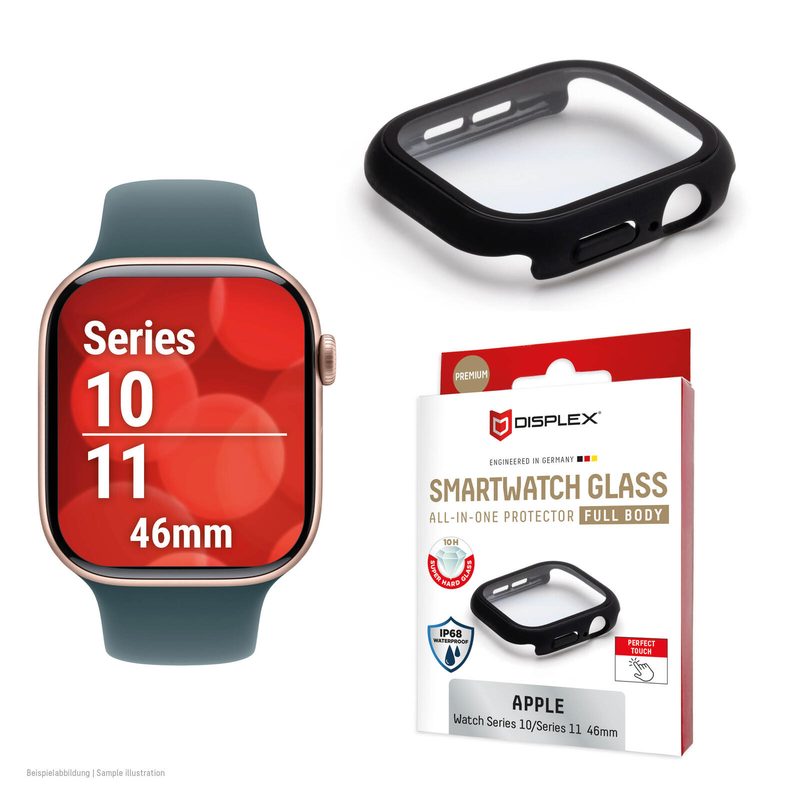 Verre de protection DISPLEX 10H pour Apple Watch 11/10 (46 mm) - Full Body - IP68 étanche - Noir mat - Montage Snap-On