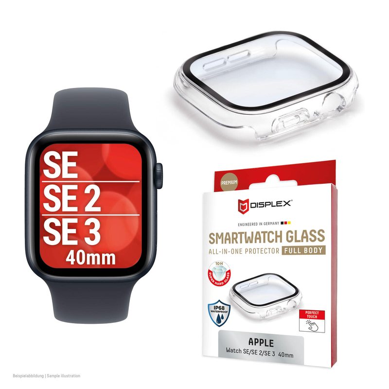 Protection en verre trempé DISPLEX 10H pour Apple Watch SE3/SE2/SE (40 mm), protection complète, étanche IP68, montage Snap-On