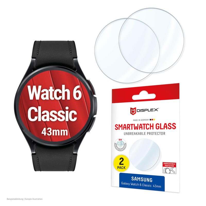 DISPLEX Verre incassable pour Samsung Galaxy Watch 6 Classic (43 mm) – 2 pièces, Extra dur (9H), Ultra-fin, Sans bord, Anti-traces de doigts, Film de protection, Fabriqué en Allemagne