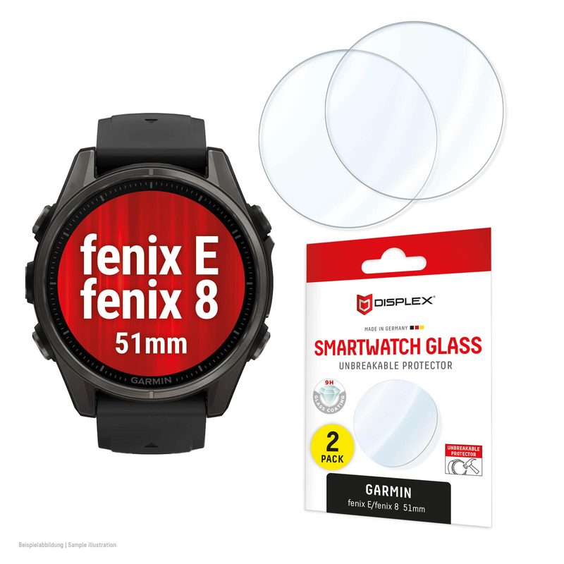 Verre incassable pour smartwatch DISPLEX pour Garmin fenix E/fenix 8 (51 mm) - 2 pièces, Extra dur (9H), Ultra-fin, sans bord, anti-empreintes, film de protection, Fabriqué en Allemagne