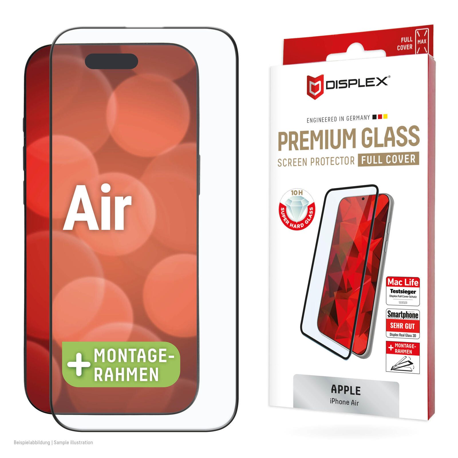 Verre trempé DISPLEX Premium (Full Cover) pour Apple iPhone Air 10H, cadre de montage éco-responsable, résistant aux rayures, compatible avec coques