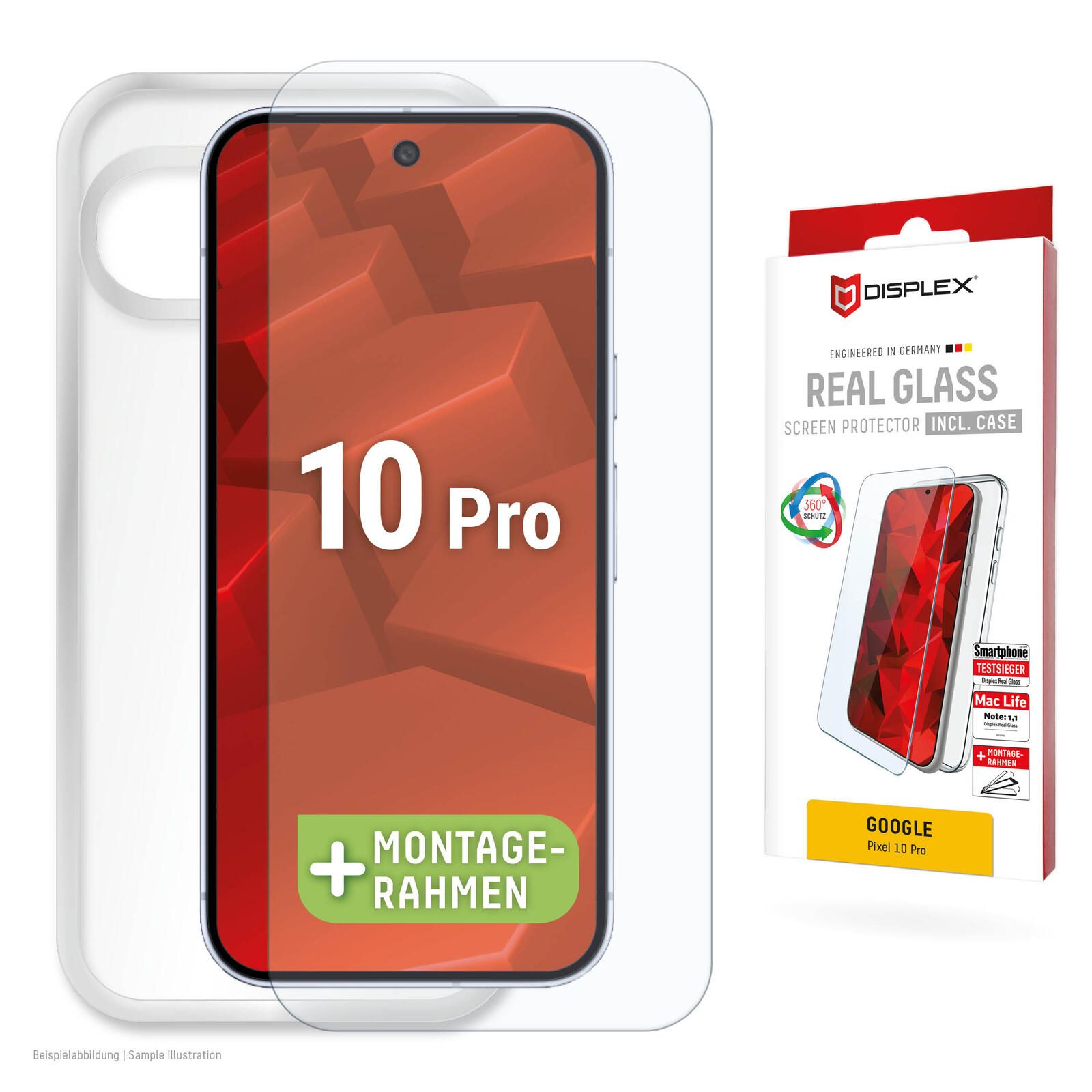 Verre trempé DISPLEX (10H) + étui de protection pour Google Pixel 10 Pro - cadre de montage éco, étui inclus, verre trempé, film de protection résistant aux rayures