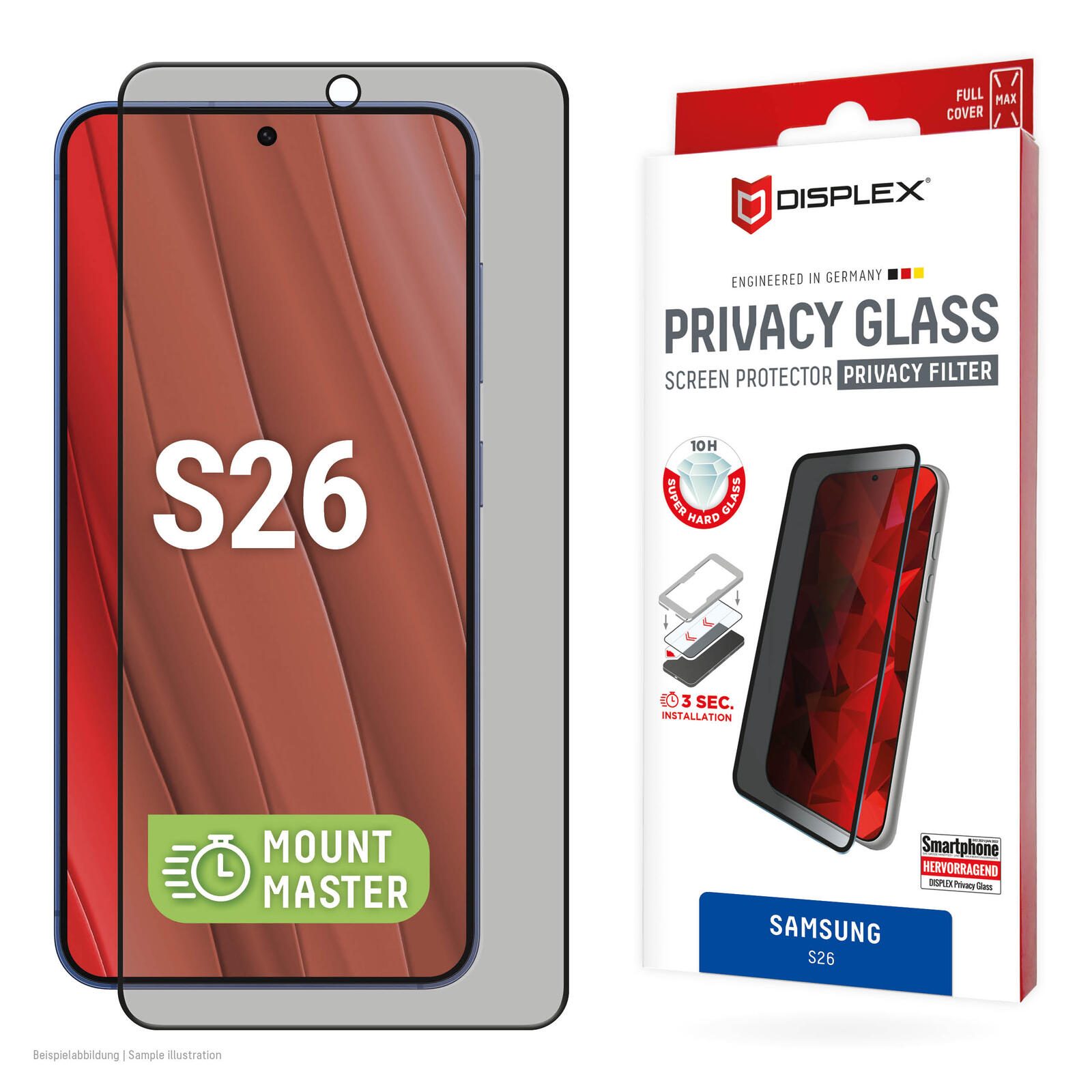 Verre de confidentialité Displex pour Samsung S26MountMaster, filtre de confidentialité, verre trempé, film de protection résistant aux rayures, compatible avec étui