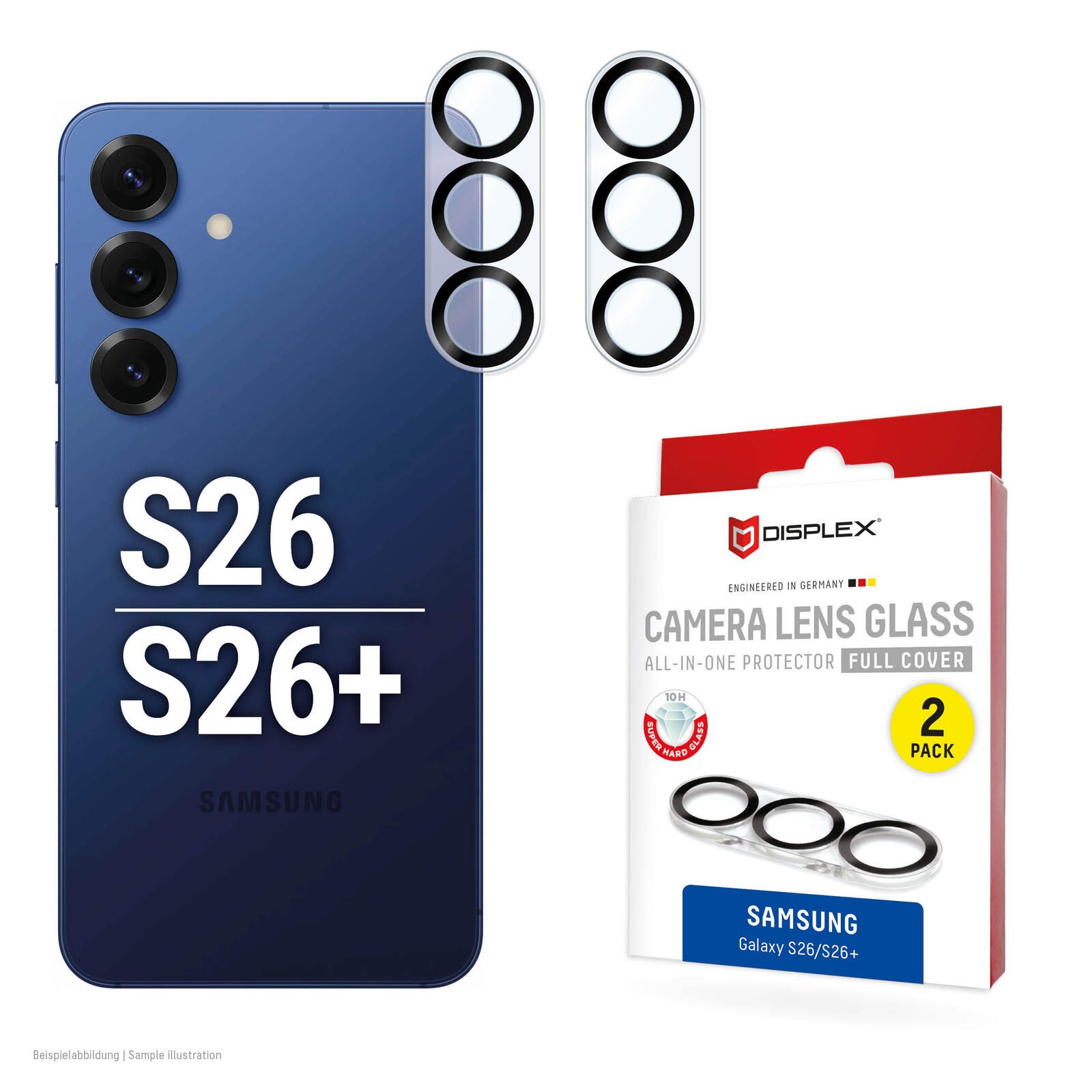 Verre de protection caméra DISPLEX pour Samsung S26/S26+ (2 pièces), verre 10H, anti-traces, protection complète, montage rapide, compatible étuis, ultra-transparent