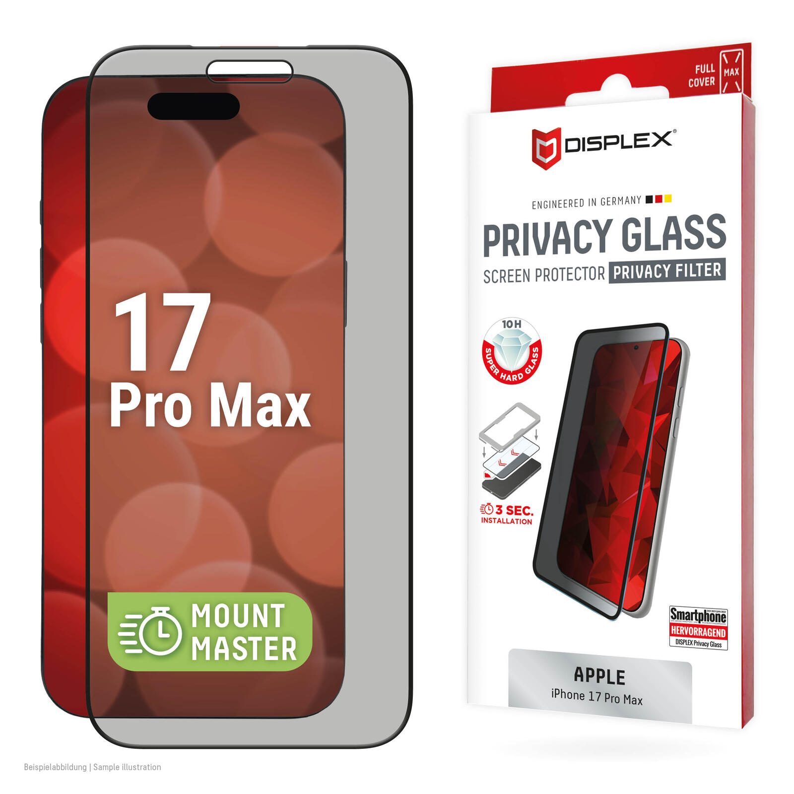 Verre de protection blindé DISPLEX Privacy (10H) pour Apple iPhone 17 Pro MaxMountMaster, filtre confidentialité, verre trempé, film anti-rayures, compatible avec étui