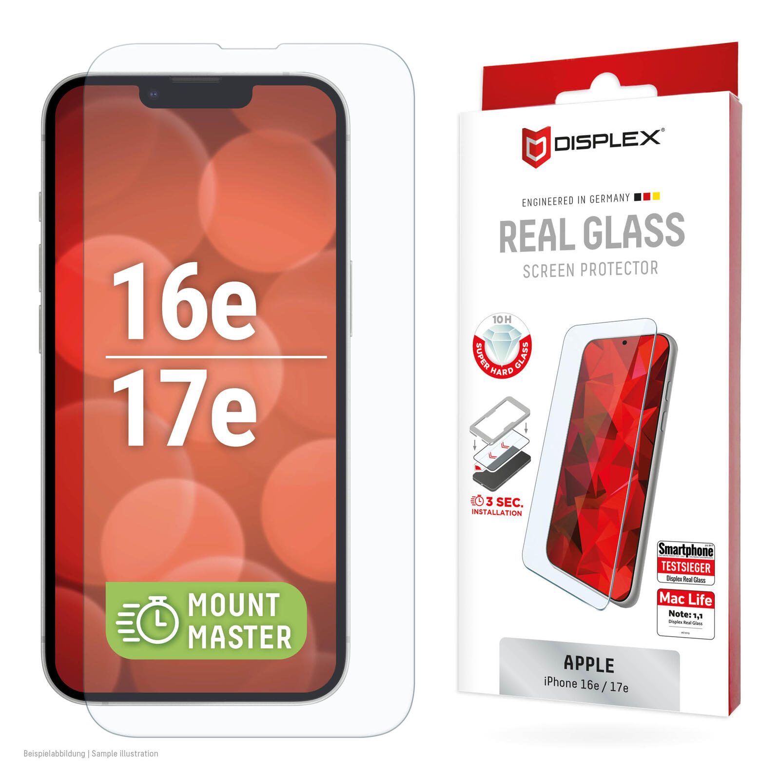 DISPLEX Verre trempé blindé (10H, 2D) pour Apple iPhone 16e/17e - MountMaster, verre trempé, film de protection résistant aux rayures, compatible avec coques