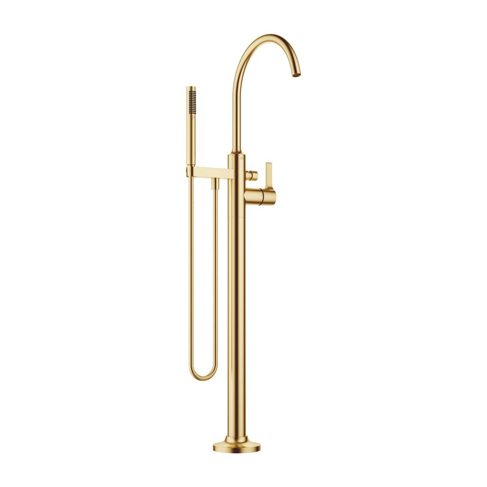 Mitigeur monocommande Dornbracht Vaia pour baignoire avec colonne, garniture de douchette sur flexible, longueur de bec 281 mm, laiton brossé (or 23 carats)