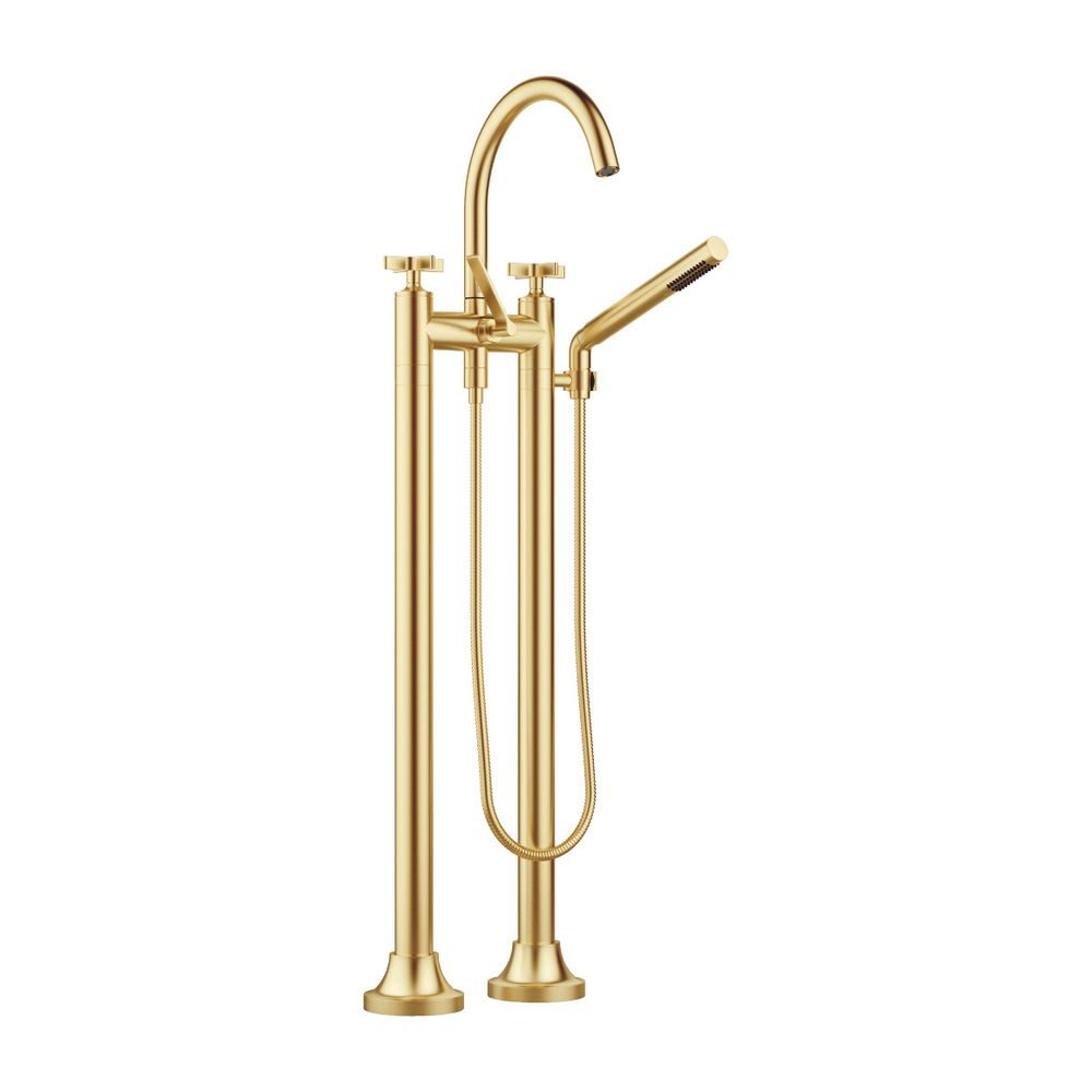 Robinetterie de baignoire Dornbracht Vaia à deux trous, version sur pied avec pommeau de douche manuelle, 221 mm, laiton brossé 23kt or